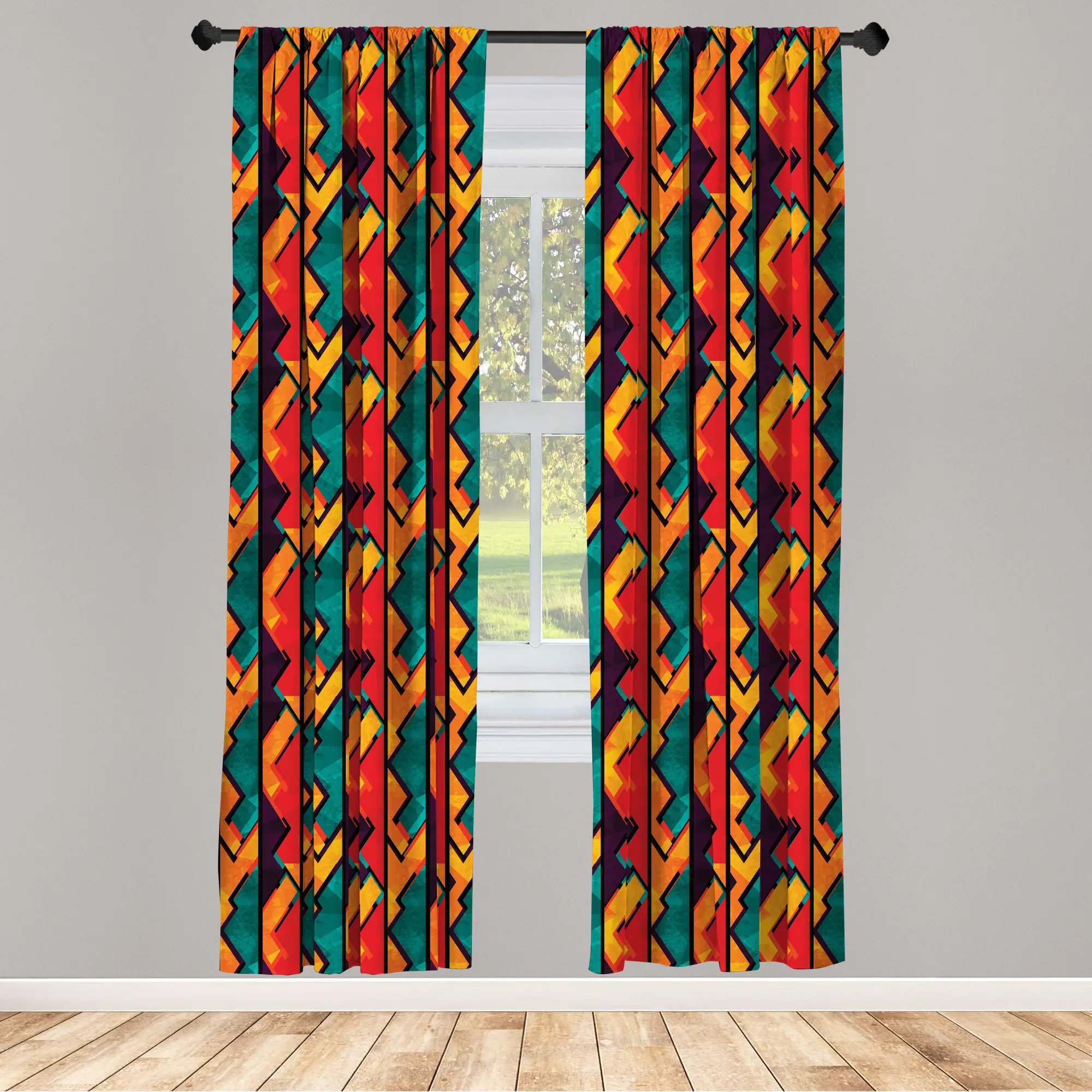Grunge Panel Curtain, Geometric Pattern Antique Design Elements Mosaic Style Art, Lightweight Window Treatment Living Room Bedroom Decor, Teal Vermili