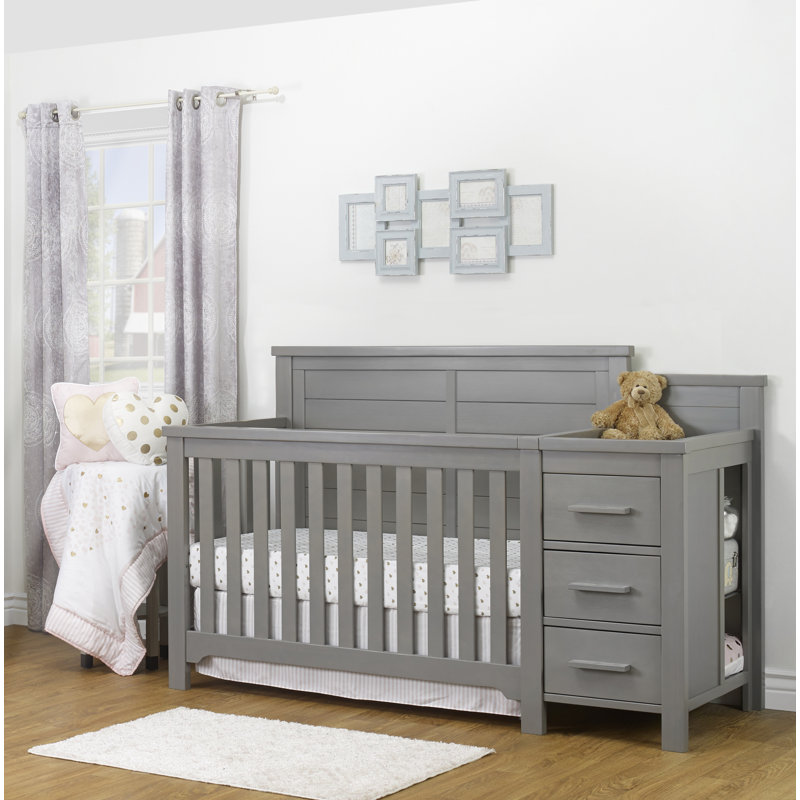 Weathered Gray Solid Wood Farmhouse Crib with Changer