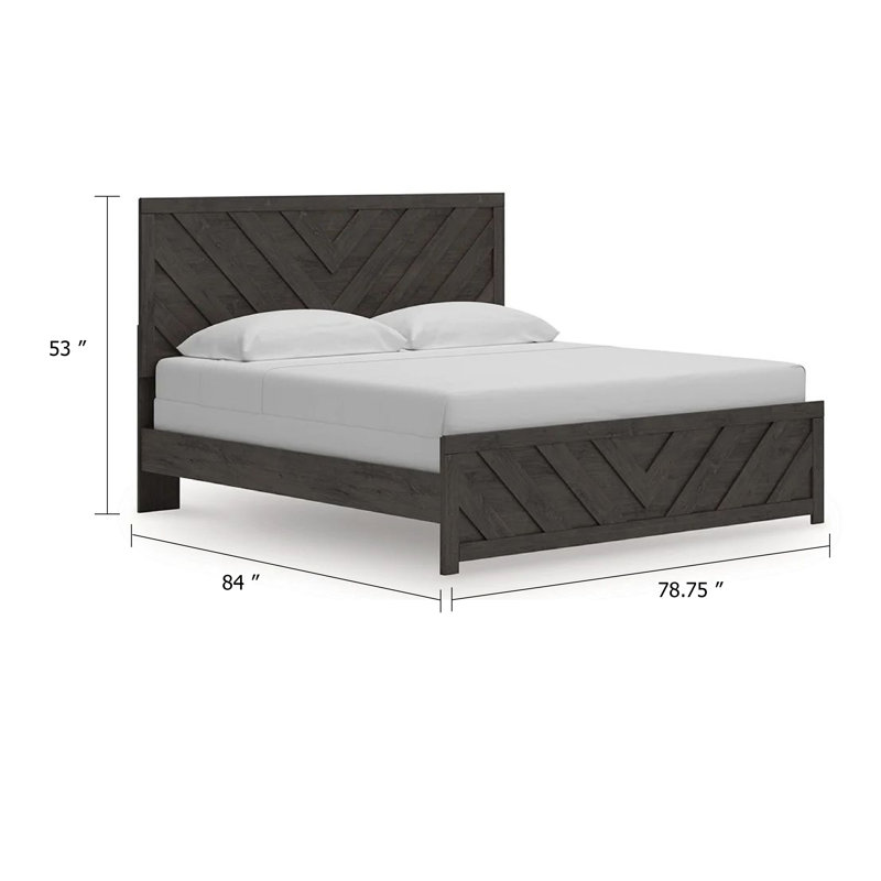 Très grand lit Peny, motif à chevrons, tête de lit à panneau, noir anthracite, Très grand
