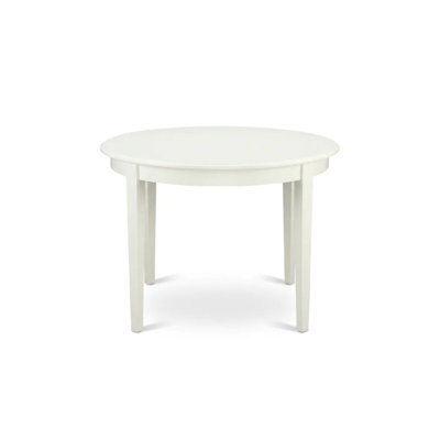 Ensemble de salle à manger rond 5 pièces en bois d'hévéa blanc lin avec chaises Parson rembourrées en tissu lin fumé et dossiers capitonnés.
