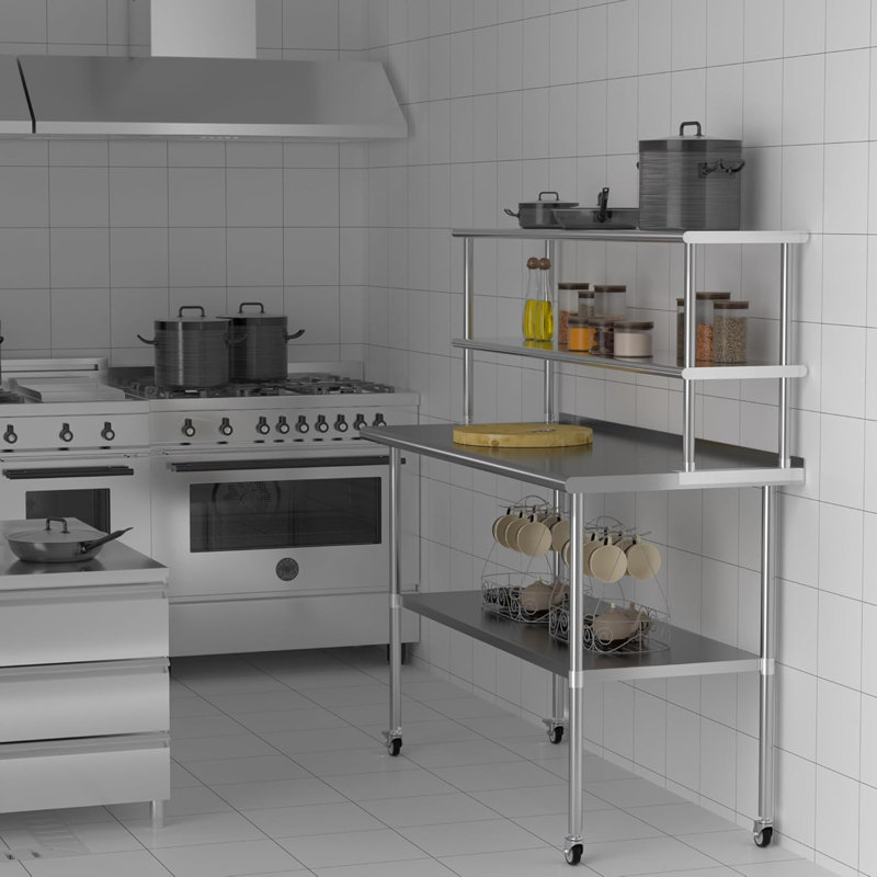 Tablette double à 2 niveaux en acier inoxydable 12 x 36 pouces, capacité de poids de 330 lb pour la table de préparation et de travail dans le restaurant, la maison et la cuisine