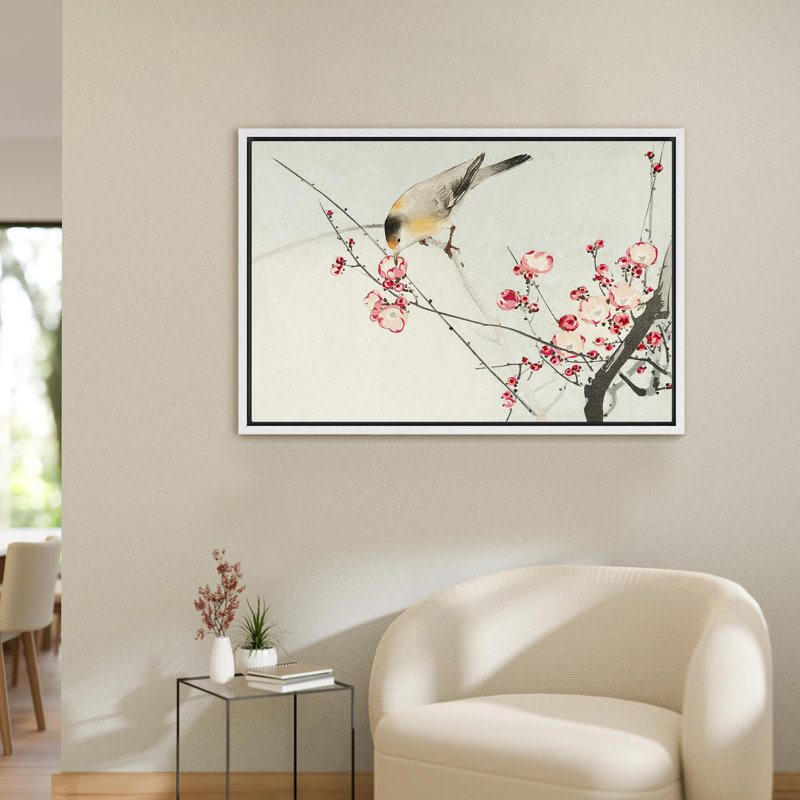 Oiseau et fleurs de cerisier, H 24 po x l 16 po, Blanc