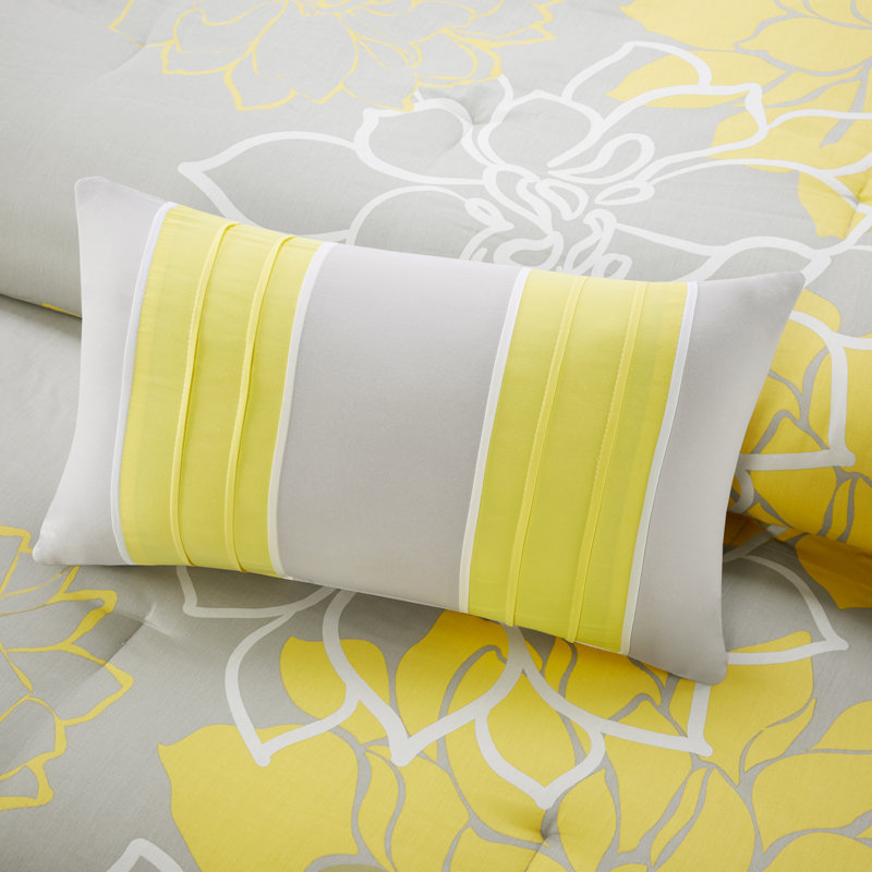 Queen Gray and Yellow Floral Cotton Comforter Set