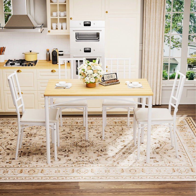 Ensemble de table de salle à manger, table de bar avec 4 chaises, Blanc, Blanc, Naturel / Blanc
