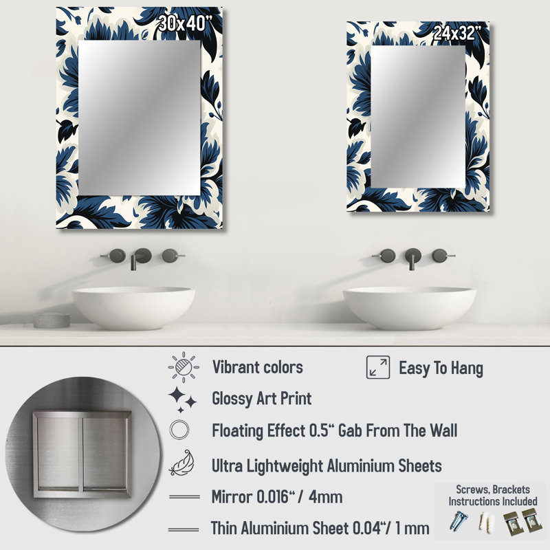 Adas bleu et blanc damassé Euphony - damas mural décoratif, miroir damassé, impression sur métal, 32 po x 24 po