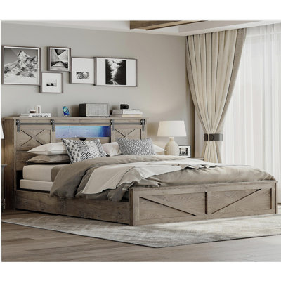 Farmhouse Bed Frame King Size with LED Lights and Charging Station, Wooden KING Bed with 2 Storage Drawers, Rustic Headboard with Sliding Barn Door Storage Cabinets