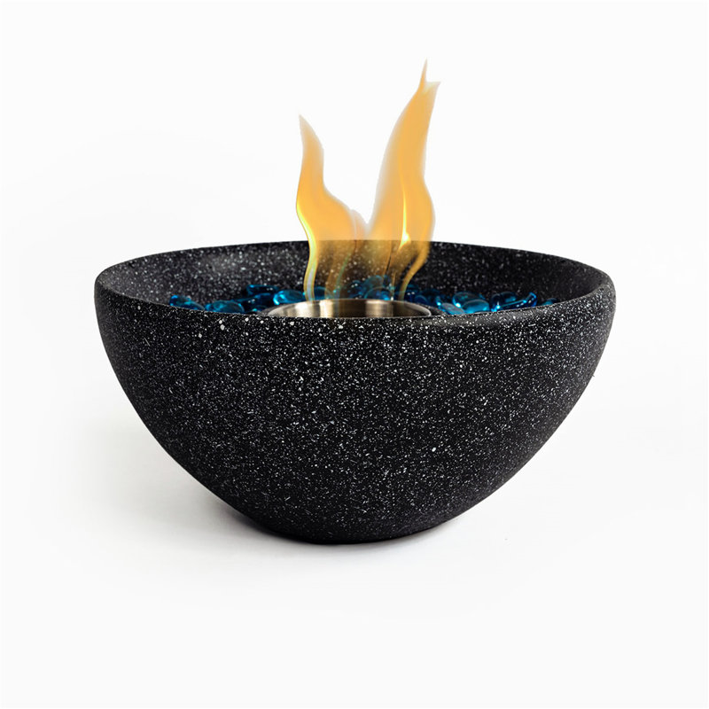 Black Concrete Tabletop Fire Pit with Blue Glass Beads