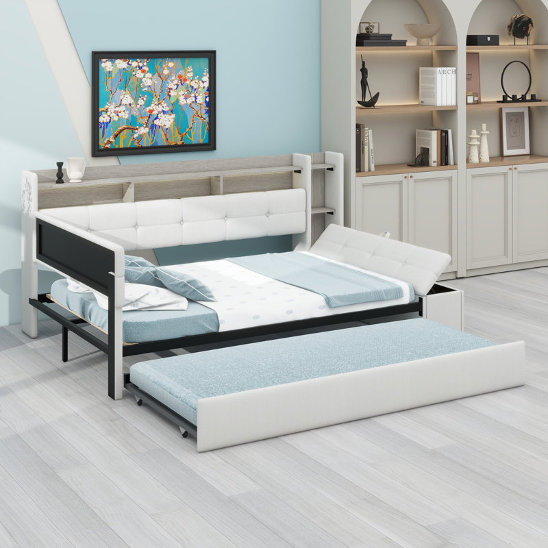 Upholstered Daybed with Storage Footstool, Shelves, Trundle, USB Charging & LED Light, Beige