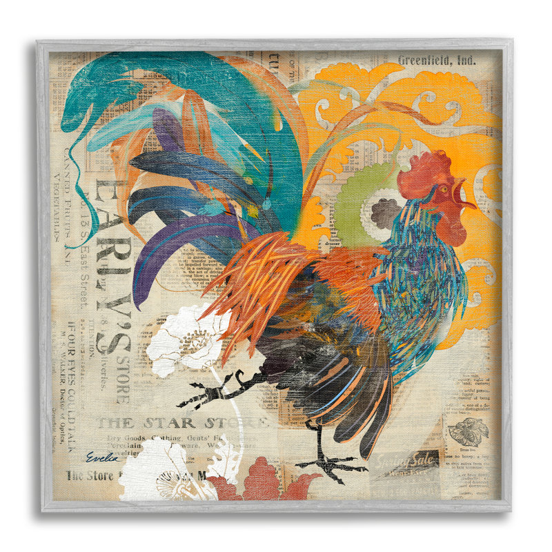 Country Rooster, collage rétro - impression, H 17 po x l 17 po x P 1,5 po, Estampe numérique Farmhouse