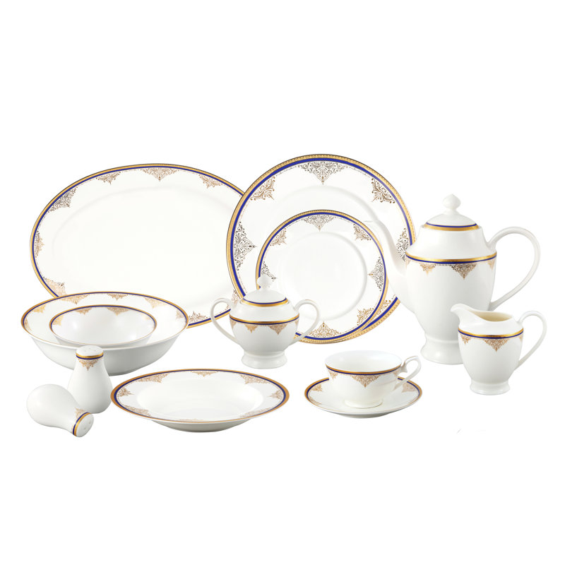 Elegant Round White and Gold Porcelain Dinnerware Set, Service for 8