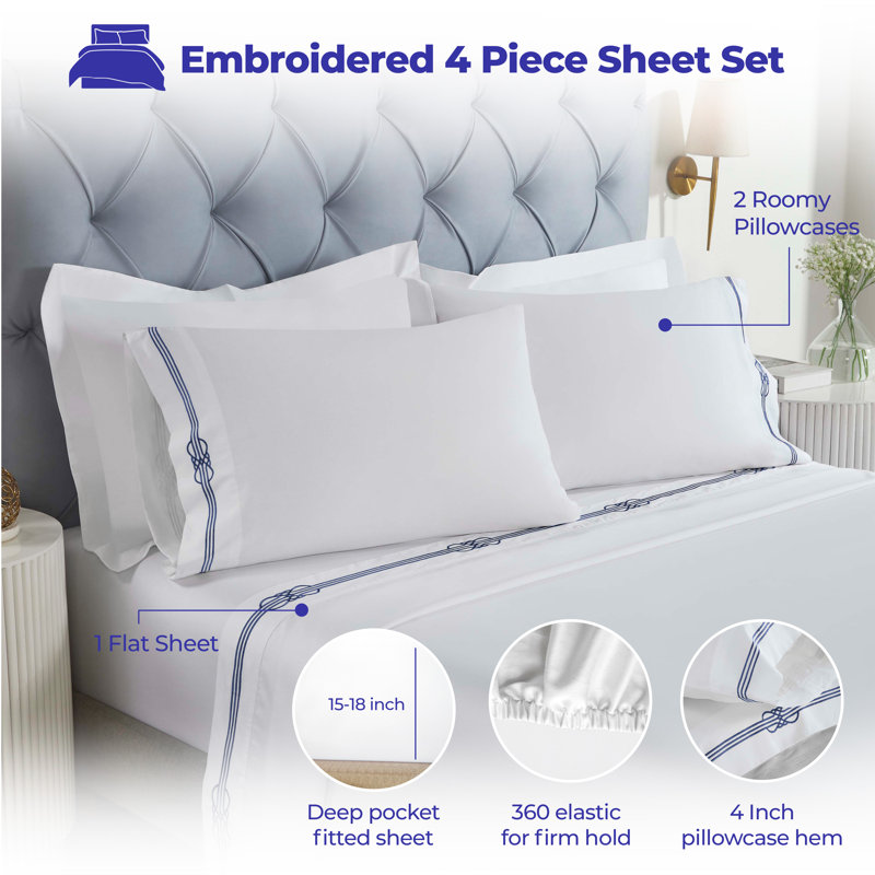 Ensemble de draps en coton brodé Moonlawn, Ensemble de draps pour lit simple TG avec 1 taie d, Blanc/bleu marine