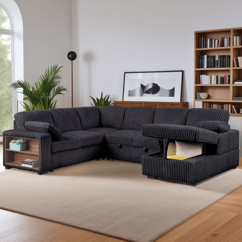 116" Convertible Plush Corduroy Sleeper Sectional With Storage Chaise & Armrest Storage, Dark Gray Corduroy