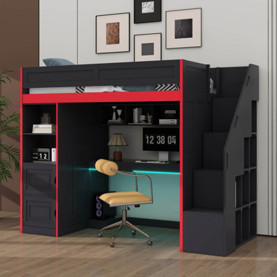 Lit mezzanine simple avec bureau et rangement, lit mezzanine en bois robuste avec éclairage DEL, armoire et tablettes