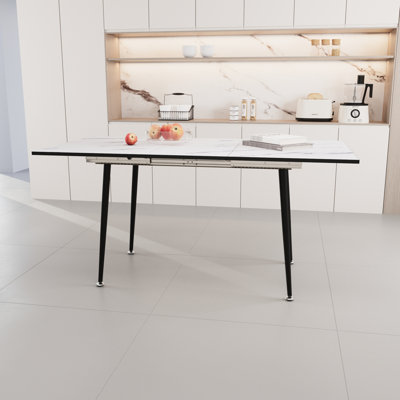 Table de salle à manger extensible de 47 po à 63 po, lueur de marbre blanc, industrielle moderne pour la cuisine et la salle à manger, avec pieds en métal noir conique