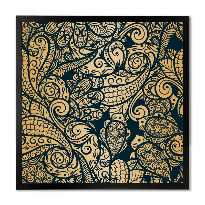 Cachemire jaune sur fond noir - impression sur toile, H 36 po x l 36 po x P 1,5 po, Cadre d'angle fermé noir