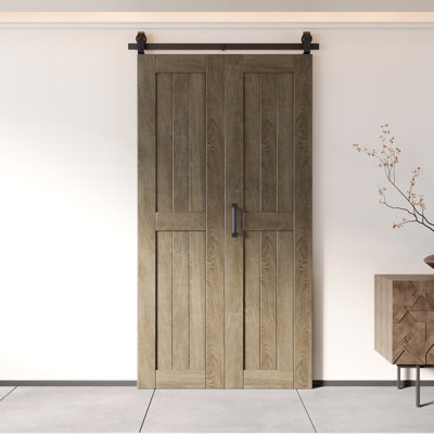 Homacer 80“ High Unassembled & Finished Classic Gray Barn Door, Two 26" x 80" Doors with Bi-Fold Top Mount Hardware Kit
