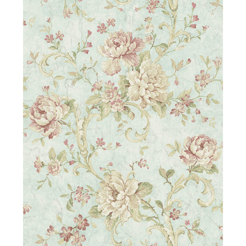 Rouleau de papier peint à volutes florales L 33 pi x l 20,5 po Gabaldon, Or / neutre / bleu