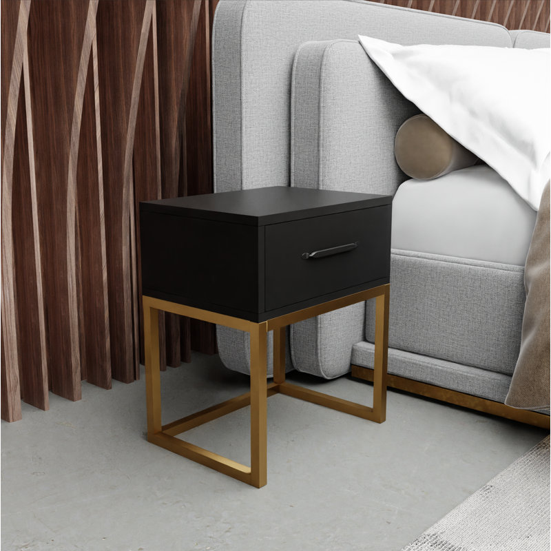 Filey 40cm W Metal Bedside Table, Black Matt/Gold