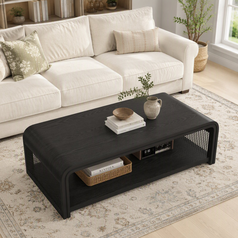 Table basse incurvée rectangulaire avec côtés en rotin, Black