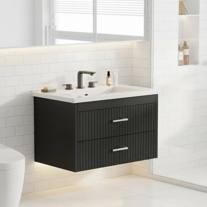 24 Inch Bathroom Vanity with Sink, Floating Wall Mounted Bathroom Storage Cabinet with 2 Soft-Close Drawers & Gold Handles, Modern Vanity Cabinet, Easy to Assemble, Black Sink Vanity Combo Set