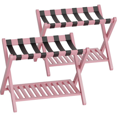 Luggage Rack, Set of 2, Foldable Bamboo Suitcase Stand with Storage Shelf for Guest Room, Bedroom, Hotel, Heavy-Duty (Pink)