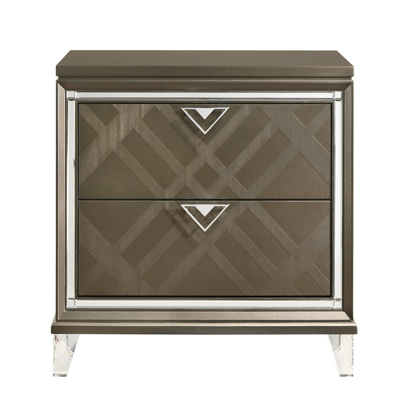 Table de chevet moderne champagne foncé avec deux tiroirs et une construction lisse