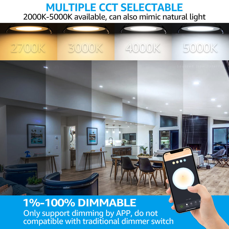 4 Inch Led Rgbcw Wi-fi Smart Recessed Light With J-box, App & Voice Control, Alexa/google Compatible, 4"