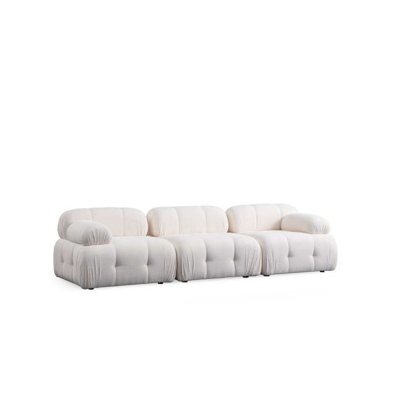 Modern 3-Seat Sofa, White, 114.2 x 37.4 x 29.5 inches | Durable Beech Wood & Chipboard Frame, Soft 100% Polyester Fabric | 28 DNS Soft Grey Foam & 24 DNS Feather Fill | Stylish Black Plastic Legs, Perfect for Living Room