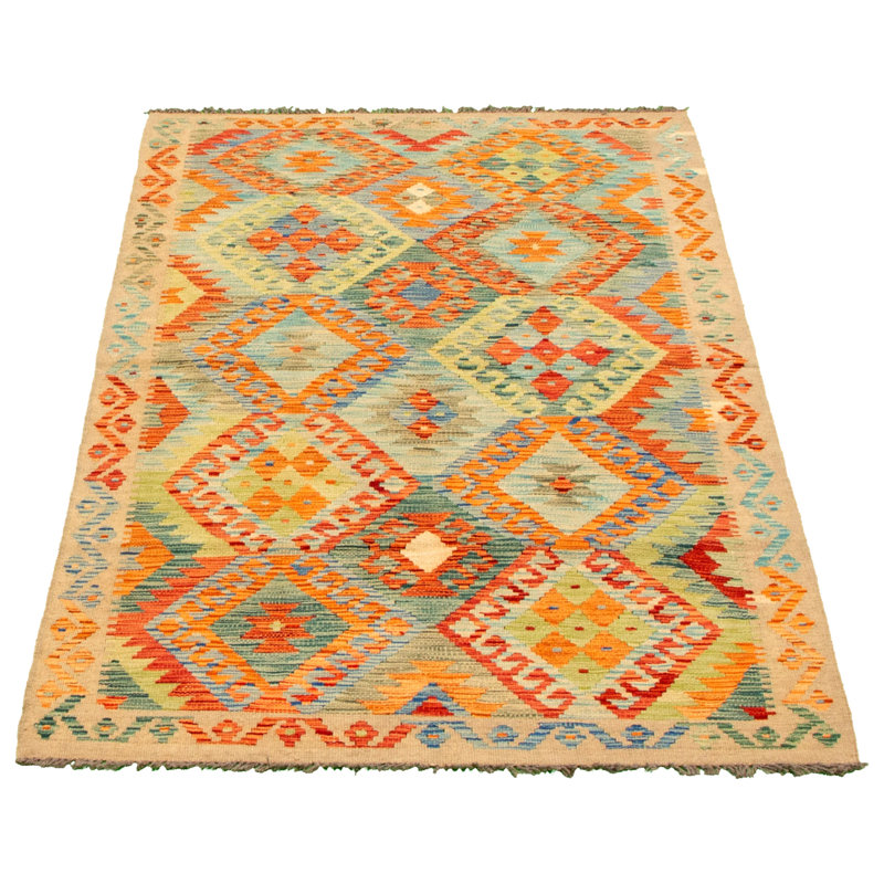 Tapis décoratif en laine de conception unique 4 pi x 6 pi 4 po noué à la main New Age orange/rouge