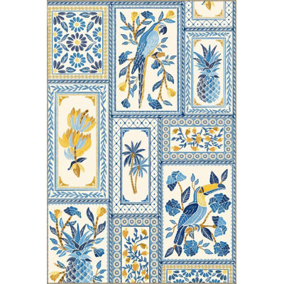 Machine Washable Floral Palm Parrot Toucan Bird Patterned Blue and Yellow Modern Decorative Area Rug