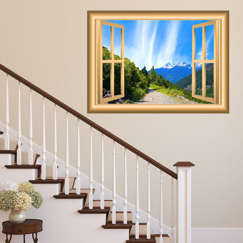 Décalcomanie murale d’extérieur mountain window, H 36 po x l 46 po x P 0,01 po, Bleu / vert