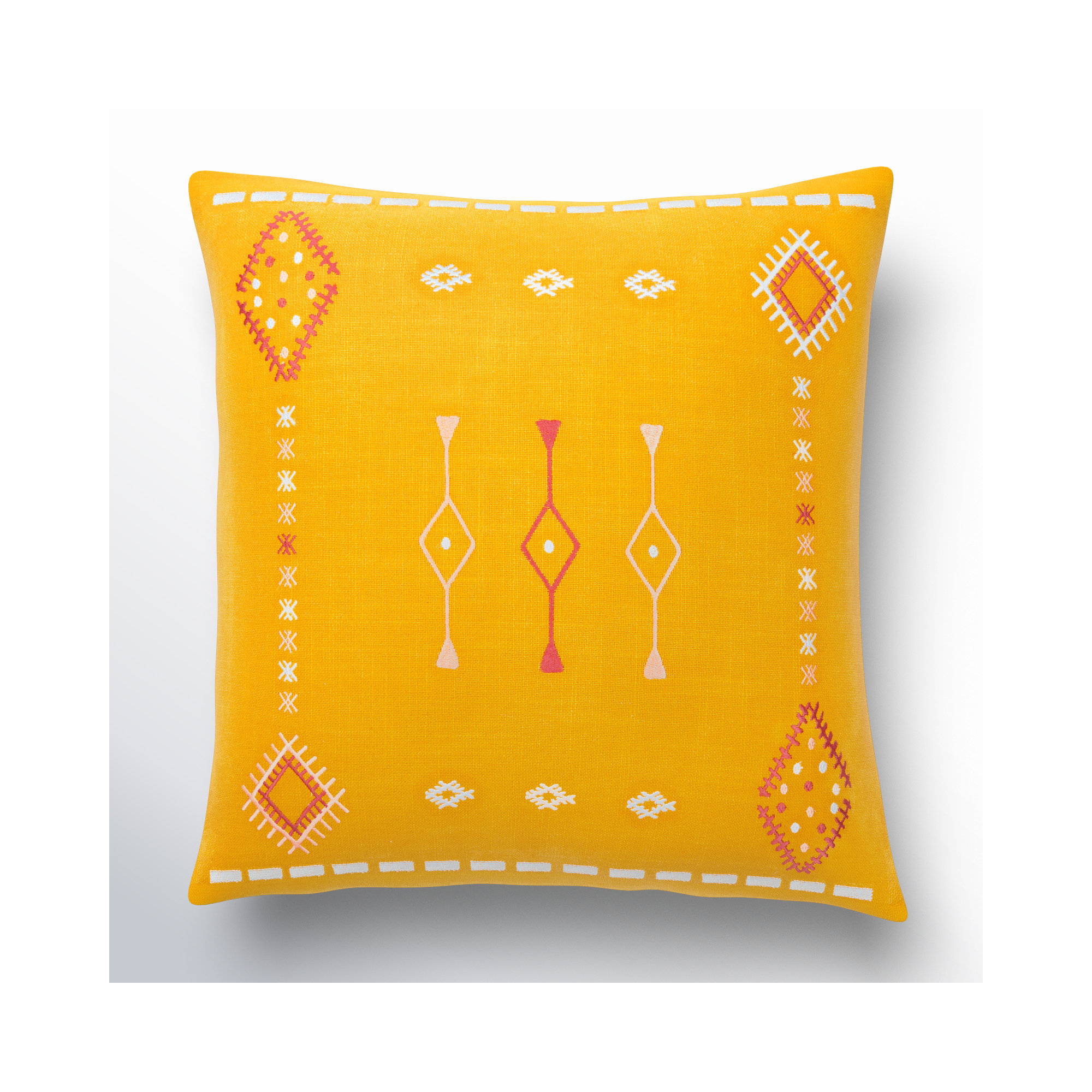 Decatur Embroidered Cotton Throw Pillow, Mustard/Dusty Pink/Pale Blue, 18" x 18", Down