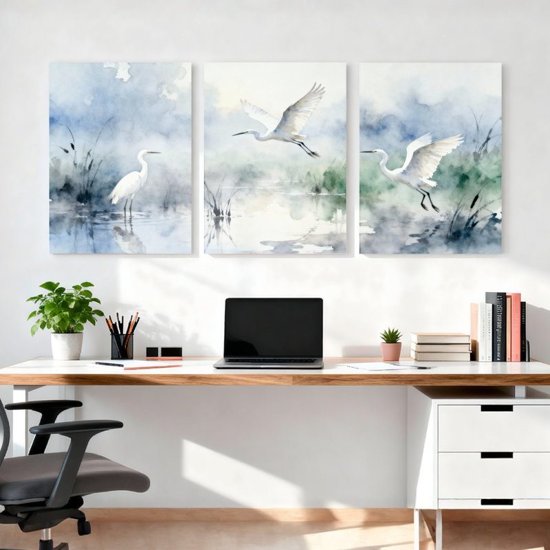 Ensemble de 3 tableaux muraux sur toile tendue, représentant un héron blanc à l'aquarelle, H 30 po x l 60 po