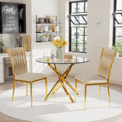 Glass Round Dining Table Set with Luxury Velvet Upholstered Dining Chairs