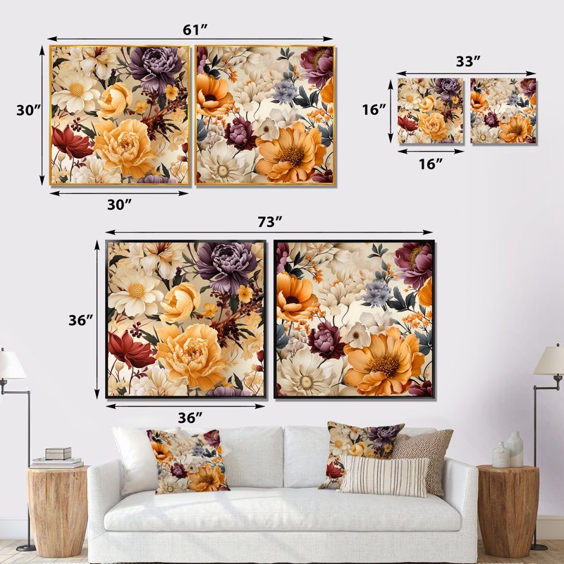 Janes - ensemble de 2 reproductions d'art sur toile florales, Encadrement doré, H 36 po x l 73 po x P 1,5 po