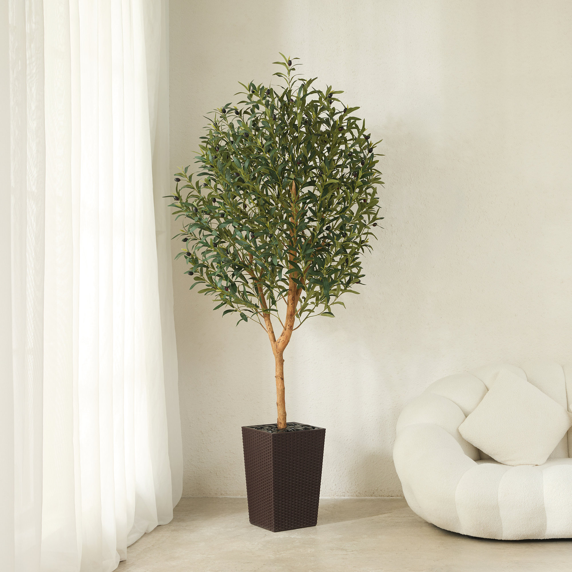 George Artificial Olive Tree with Decorative Pot, UV Resistant Faux Olive Tree with Natural Trunk, Brown