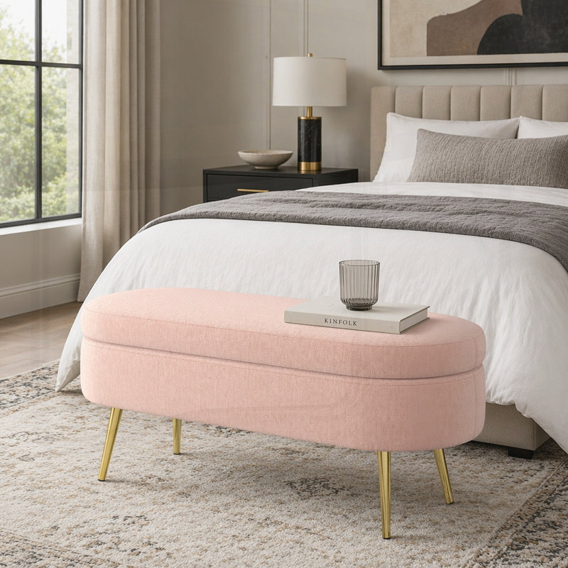 Banc de rangement repose-pieds ovale en flanelle avec pieds en métal robustes pour un décor moderne et élégant, Rose