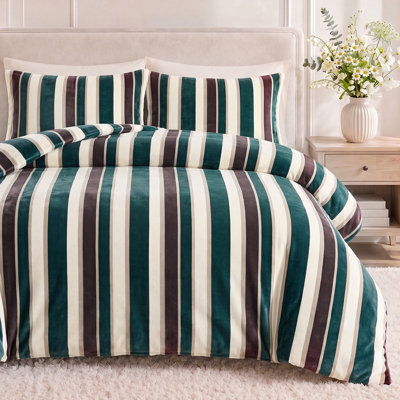 Green Plush Duvet Cover Set Queen,3 Piece Soft Cozy Vintage Green Vertical Striped Bedding,Velvety Short-Pile Duvet Cover with Zipper Closure,4 Corner Ties and 2 Pillowcases