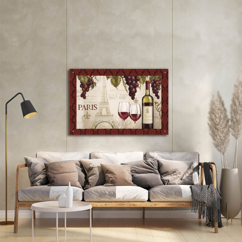 Art mural en verre épique «Wine In Paris 1 Damask Border» par Janelle Penner, H 24 po x l 36 po x P 0,2 po