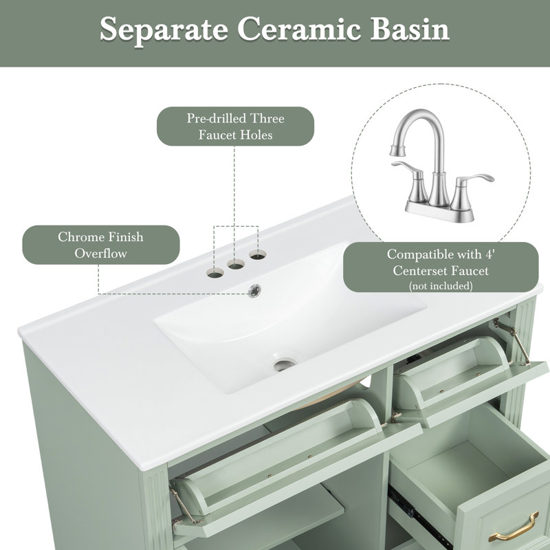 Meuble-lavabo moderne 36 po avec comptoir en céramique, Vert