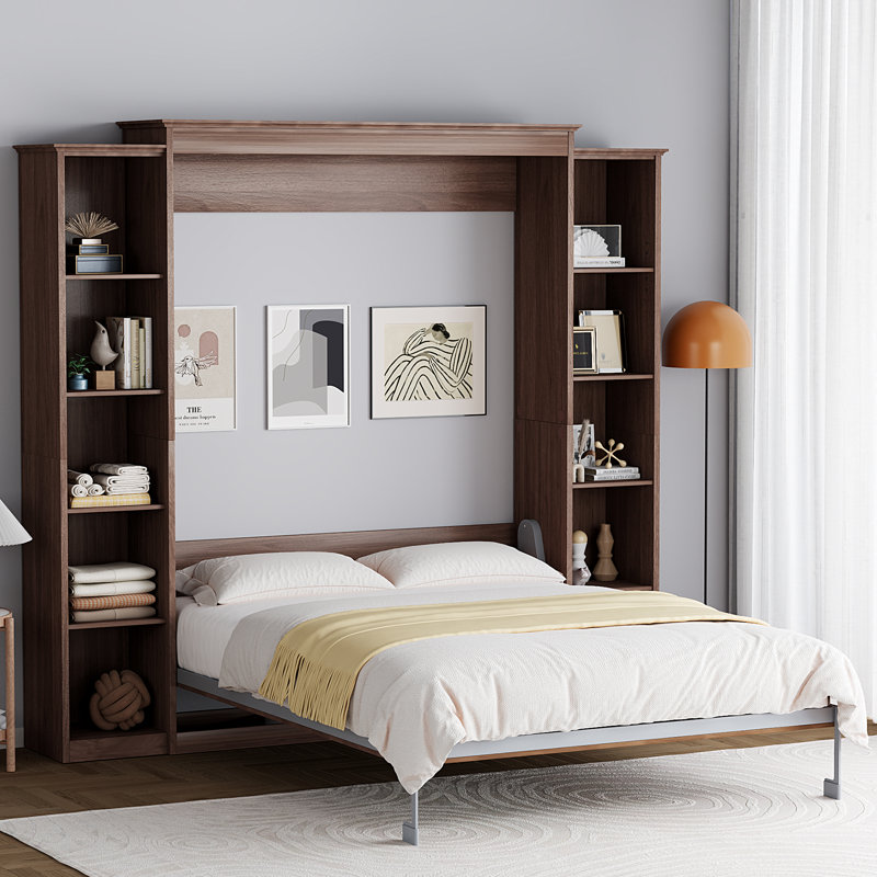 Grand lit escamotable mural avec tablettes de rangement, Brun, Grand lit
