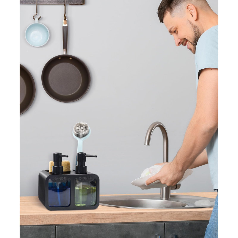 Distributeur de savon et de lotion 4 en 1, accessoires pour évier de cuisine avec éponge en pâte de bois épaisse et serviette, distributeur double de savon pour les mains et la vaisselle à poser, avec porte-éponge et porte-brosse.