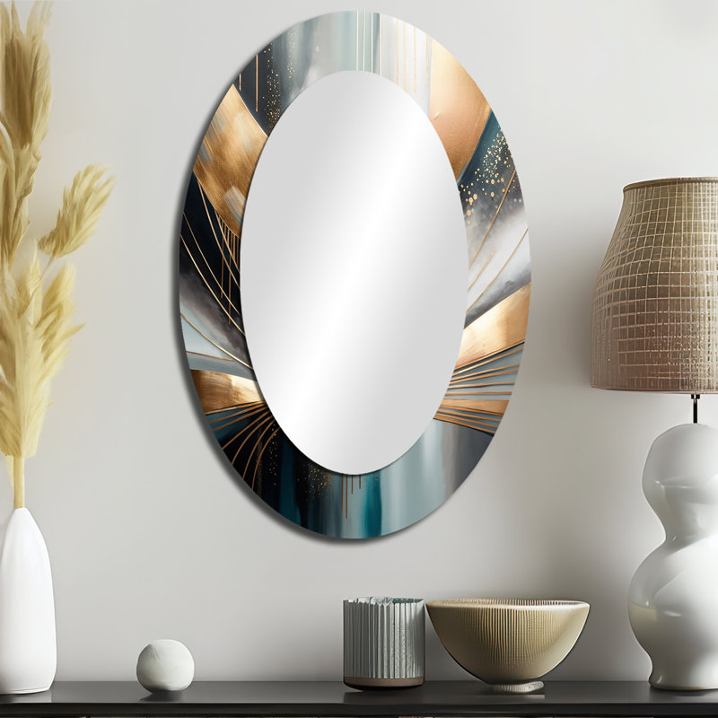 Abstrait formes abstraites et lignes V - miroir mural moderne ovale doré, 36" x 24"