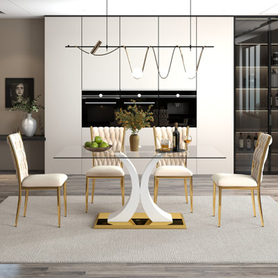 Ensemble de salle à manger moderne en verre, base en métal doré et chaises en velours 4/6 pour la cuisine et la salle à manger