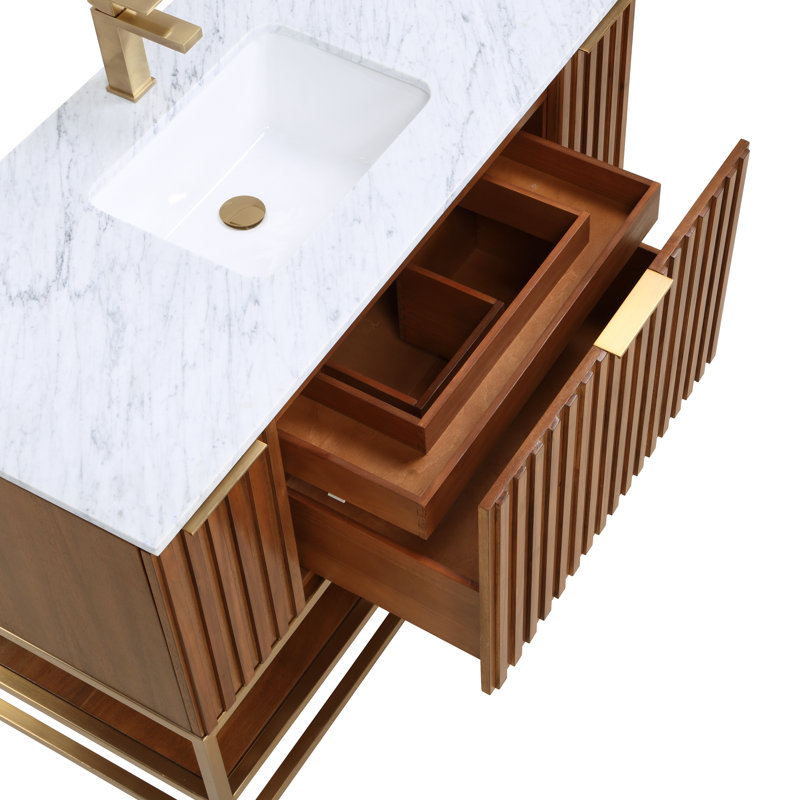 Terra 48'' W Single Vanity, Carrara Marble/Single Faucet Mount, Walnut, Satin Brass