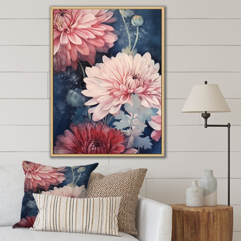 «Pink White Natures Chrysanthemums Melody I» sur toile, H 40 po x l 30 po x P 1,5 po, Cadre naturel flottant