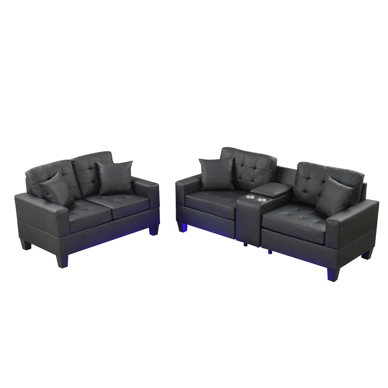 Ensemble de salon 2 pièces en tissu d'ameublement en PVC avec lumières DEL, noir