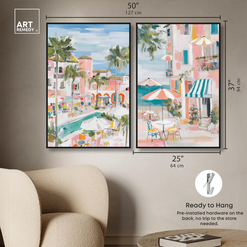 Tropical Getaway Canvas Print Boho Abstract Art Set by Art Remedy, Black Frame, 10 x 15, 37" H x 25" W, Black Frame