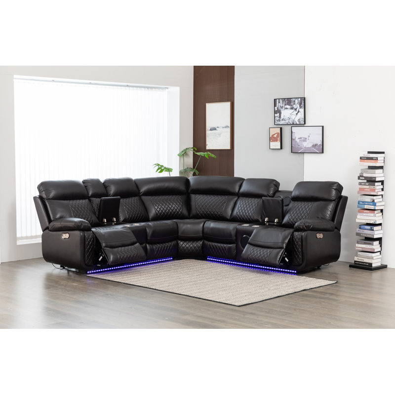 Palerem 98.5" Wide Vegan Leather Power Reclining Sectional with LED, USB and SubWoofer Sound System, Brown Faux Leather