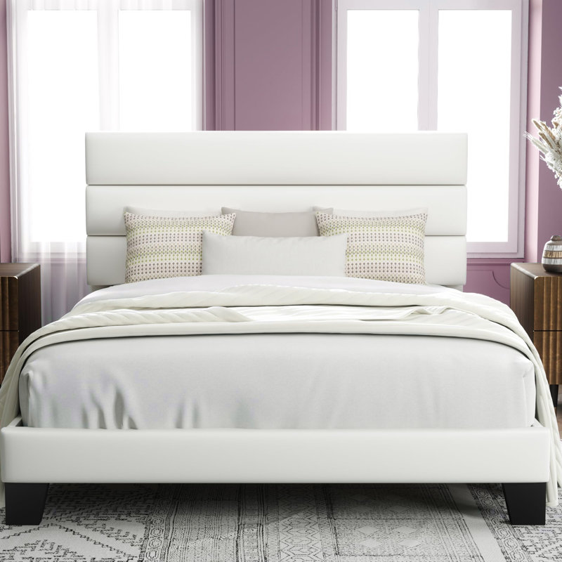 Platform Bed Frame With Fabric Upholstered Headboard And Wooden Slats Support, White, Queen